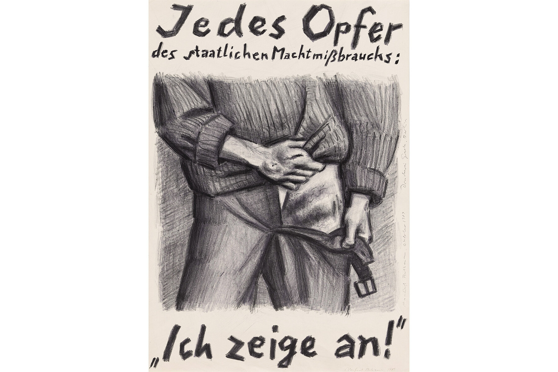 A drawing shows the lower body of a person with open trousers. Above, it reads: Every victim of the state's abuse of power. Underneath: I accuse! 