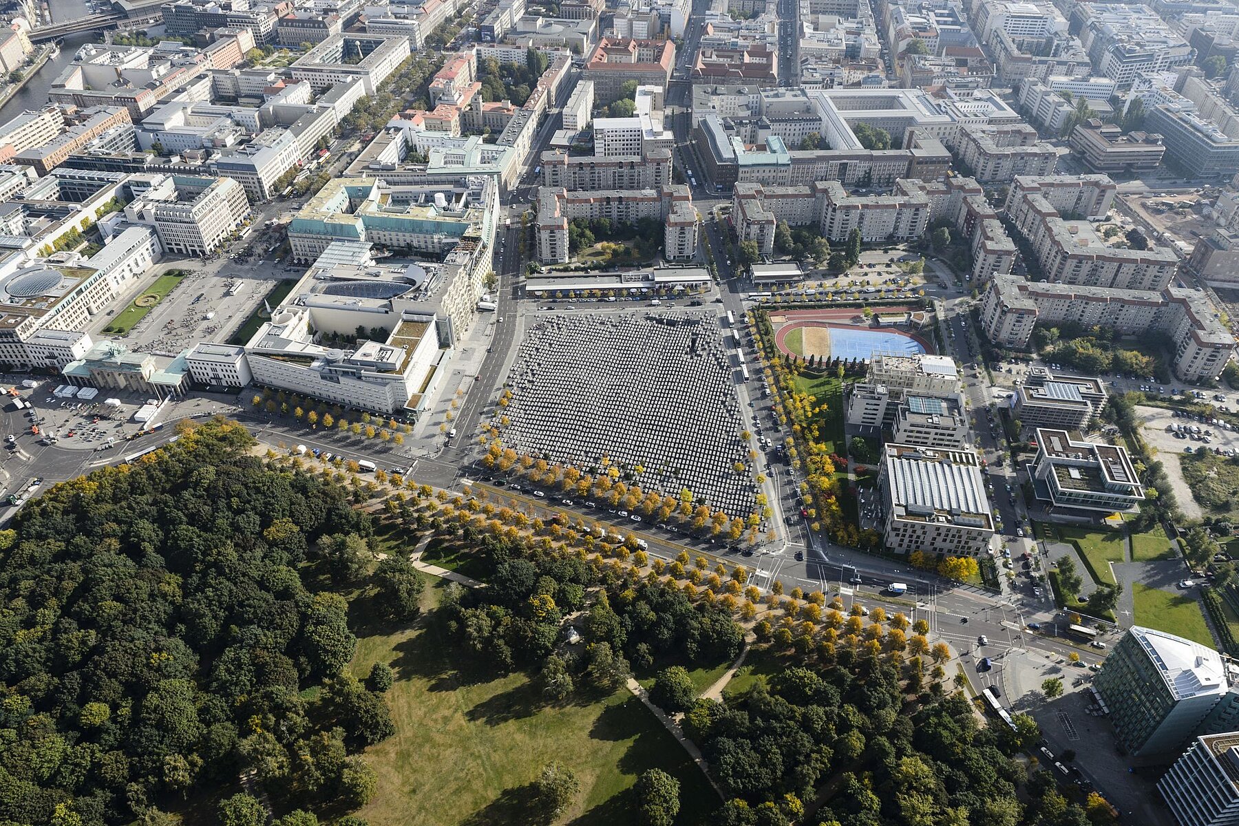 The Holocaust Memorial and the surrounding government district from above. 