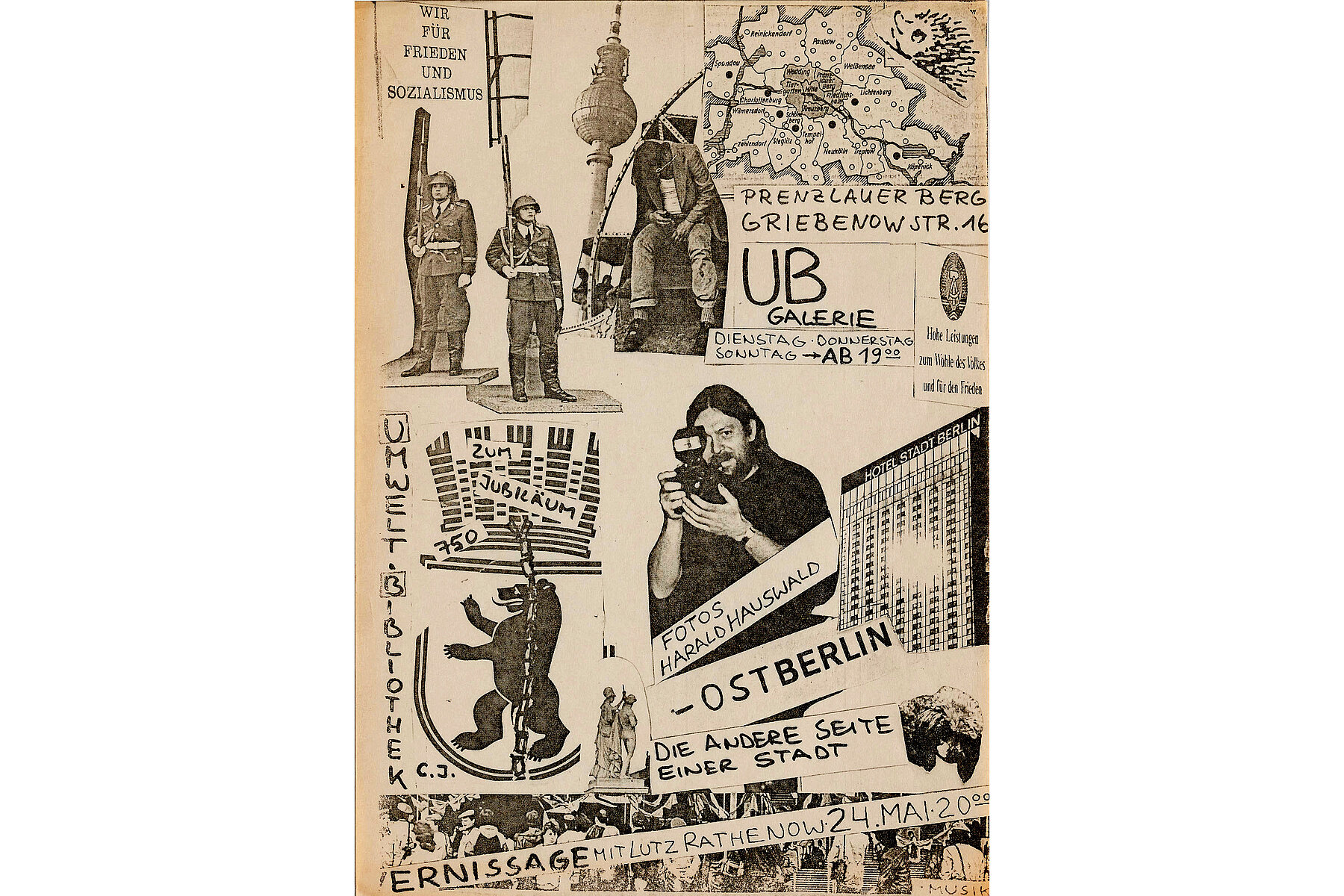 Organised by the Umweltbibliothek, a collage with Berlin-related drawings and photos advertises an exhibition of pictures by photographer Harald Hauswald. 