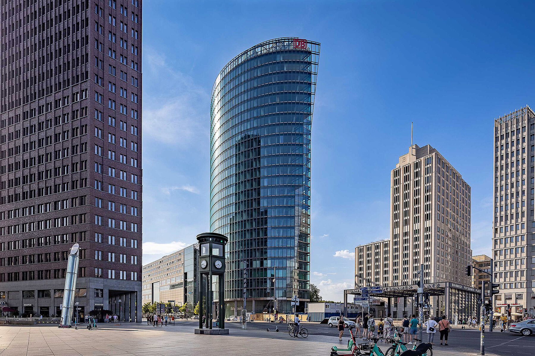 The skyline of Potsdamer Platz with four skyscrapers.