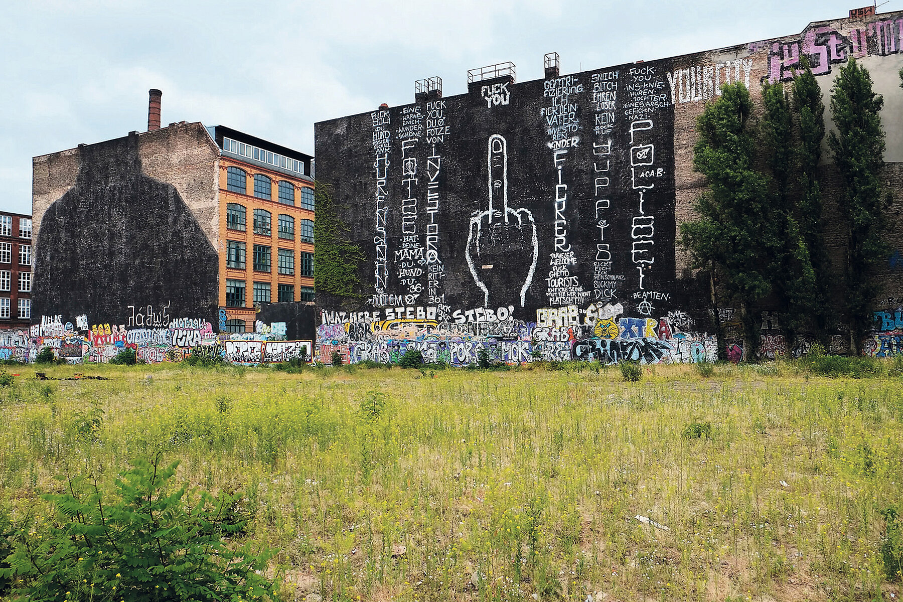 Wiese auf der Cuvry-Brache. Im Hintergrund zwei Hauswände mit in schwarzer Farbe übermalten Wandbildern. Auf dem rechten Bild ist auf der schwarzen Fläche eine mit weiß gezeichnete Hand dargestellt, die den Mittelfinger in die Höhe streckt.